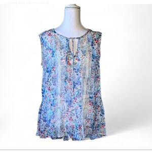 Lauren Conrad LC Blue Floral Lace Boho Blouse Size L Ruffle Hem Top